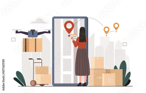 Woman with parcel drone. Young girl with smartphone controls drone with box. Online shopping and fast delivery. Logistics and transportation. Flat vector illustration isolated on white background