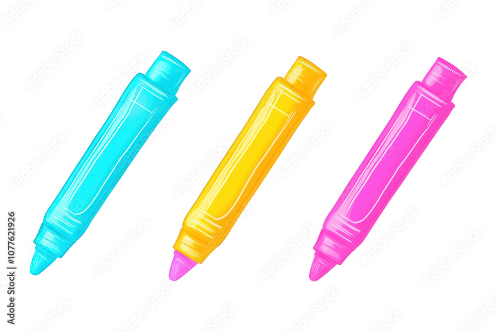 Collection of Highlighters in Blue, Yellow, and Pink , Simple Shapes and Bright Colors in a Minimalistic Style, isolated on transparent PNG background. Collection of Highlighters in Blue, Yellow, and Pink , Simple Shapes and Bright Colors in a Minimalistic Style, isolated on transparent PNG background.