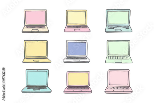 Collection of Laptops in Pastel Colors , Simple Shapes and Bright Colors in a Minimalistic Style, isolated on transparent PNG background.