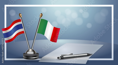 Thailand and Italy National flags on small table with bokeh background, cooperative relationship