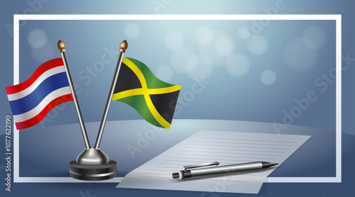 Thailand and Jamaica National flags on small table with bokeh background, cooperative relationship