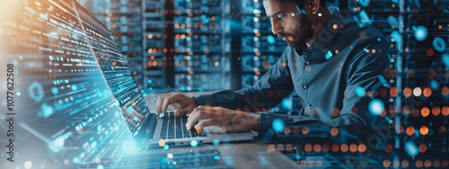 Computer engineer working on laptop in data center, IT support, digital technology, database management, network server