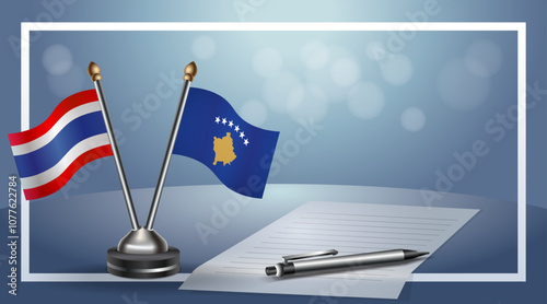Thailand and Kosovo National flags on small table with bokeh background, cooperative relationship
