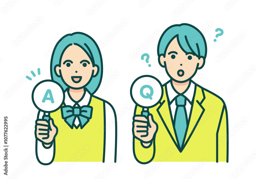 よくある質問と答え。Q&Aの札を持つ男女の学生のイラスト素材。 よくある質問と答え。Q&Aの札を持つ男女の学生のイラスト素材。