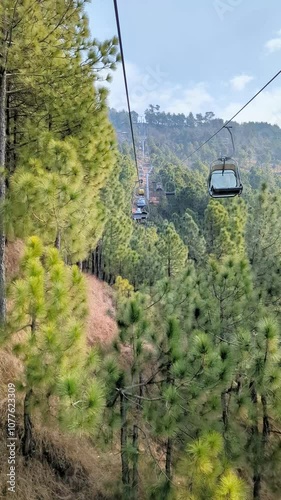 Chairlifts passing through pine trees forest in Patriata, Murree, Pakistan. Chairlifts cable car in northern areas of Pakistan. photo