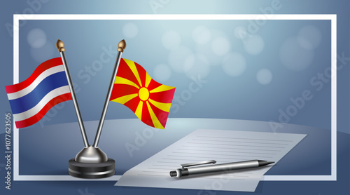 Thailand and Macedonia National flags on small table with bokeh background, cooperative relationship