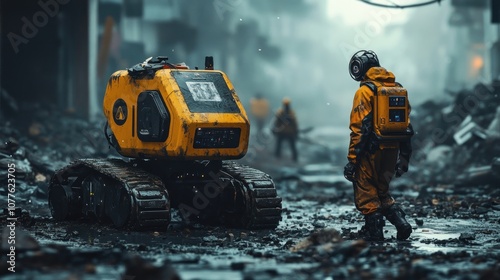 A futuristic robot and a person in hazmat suit walk through a destroyed city.