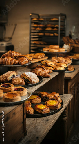 A rustic bakery setup with freshly baked pastries, ideal for food content, cozy themes, and bakery branding