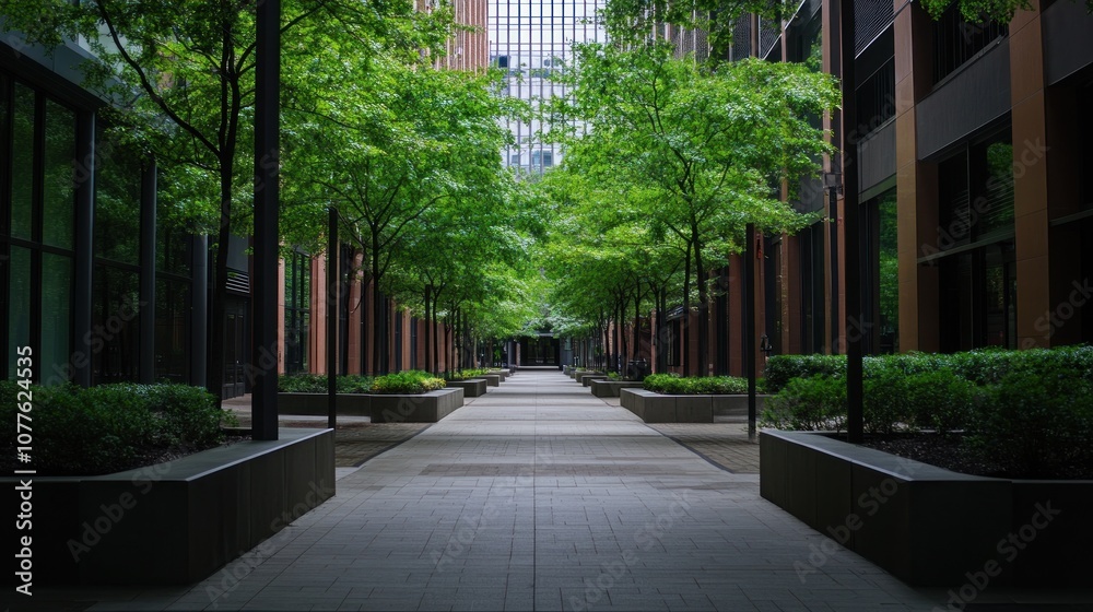 Naklejka premium A Tranquil Courtyard Path Surrounded by Lush Greenery