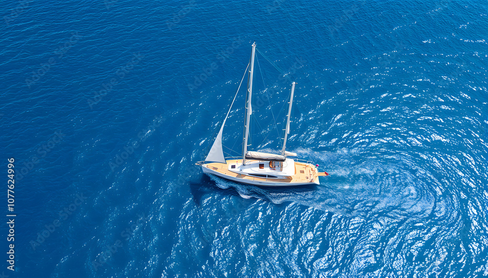 Obraz premium Aerial view of beautiful sailboat yacht boat on the sea, Luxury yacht ship boat in the open sea, Sailing ship yacht isolated with white highlights, png