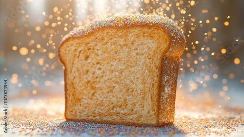 A single slice of white bread with colorful sprinkles scattered around it, with a few sprinkles falling from above.