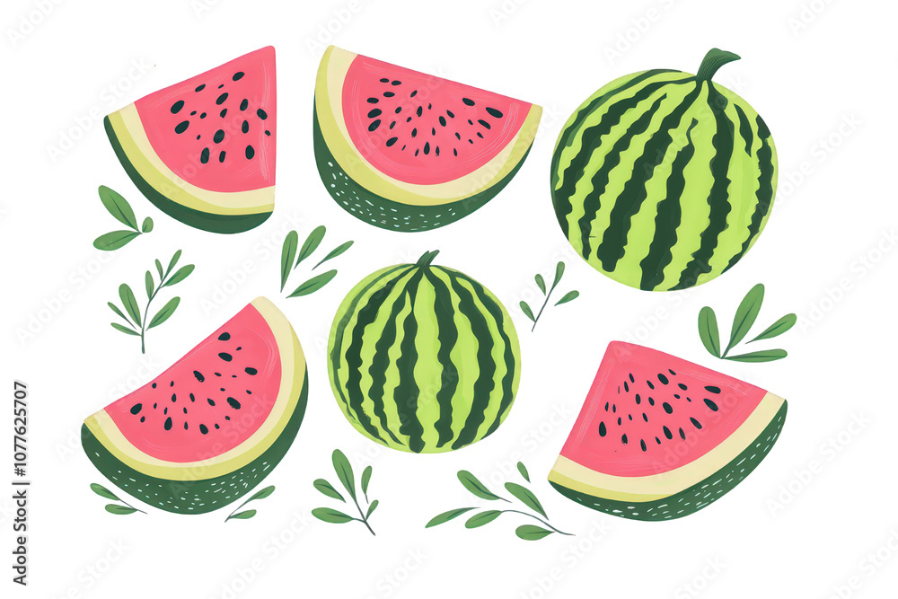 Collection of Whole and Sliced Watermelons with Green Leaves , Simple Shapes and Bright Colors in a Minimalistic Style, isolated on transparent PNG background. Collection of Whole and Sliced Watermelons with Green Leaves , Simple Shapes and Bright Colors in a Minimalistic Style, isolated on transparent PNG background.