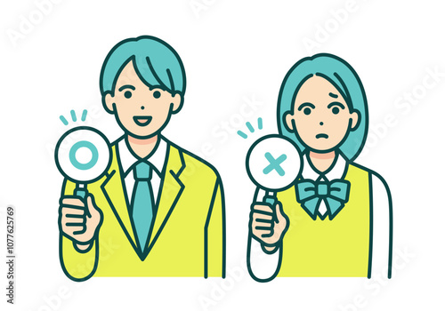 正解と不正解。まるとばつの札を持つ学生。男女のベクターイラスト素材。