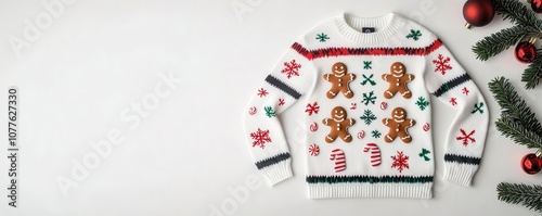 A festive, cozy sweater featuring gingerbread men, snowflakes, and candy canes, perfect for holiday celebrations and winter warmth.