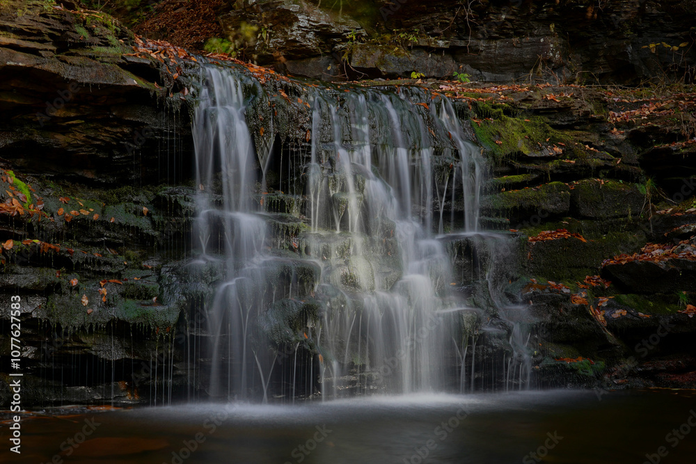Fototapeta premium Long exposure of a waterfall in Ricketts Glen in Autumn