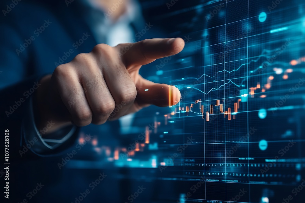 Close up of Hand Interacting with Stock Market Data on a Computer Screen Close up of Hand Interacting with Stock Market Data on a Computer Screen