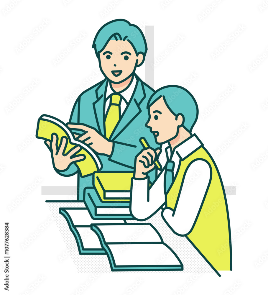 教科書を使って勉強を教える先生。真剣に学ぶ男子生徒のイラスト素材。 教科書を使って勉強を教える先生。真剣に学ぶ男子生徒のイラスト素材。