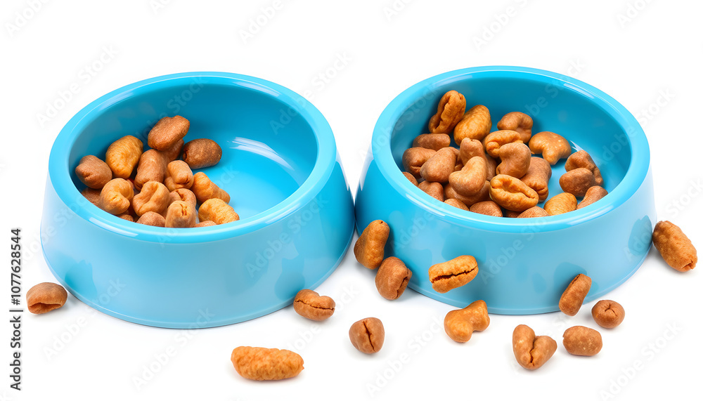 Set of pet food blue bowls, isolated on white background isolated with white highlights, png Set of pet food blue bowls, isolated on white background isolated with white highlights, png