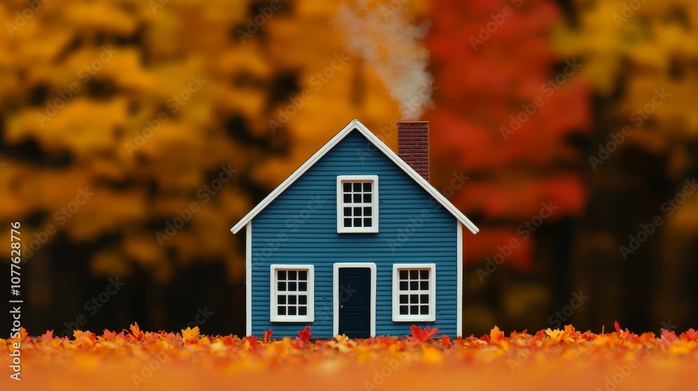 Miniature blue house with smoke coming from the chimney in front of colorful fall foliage.
