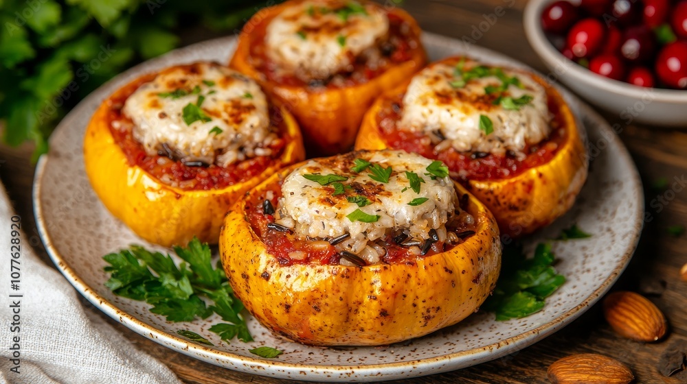 Four stuffed squash halves with tomato sauce, rice, and cheese on a white plate. Four stuffed squash halves with tomato sauce, rice, and cheese on a white plate.