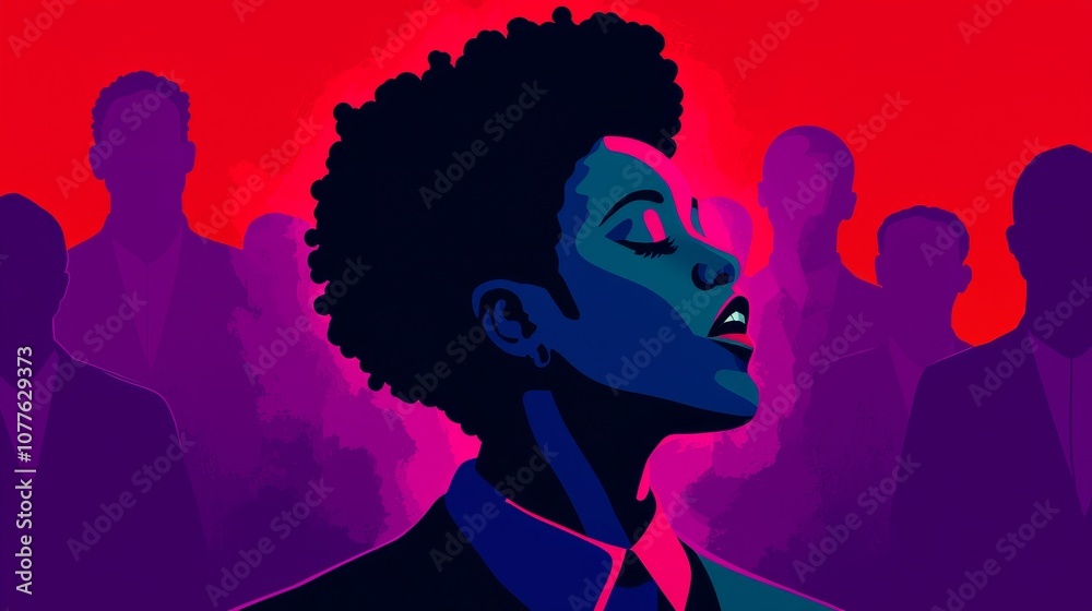 A woman stands out from the crowd, with a strong and confident posture. She is surrounded by silhouettes of other people, which represent the pressures of society. A woman stands out from the crowd, with a strong and confident posture. She is surrounded by silhouettes of other people, which represent the pressures of society.