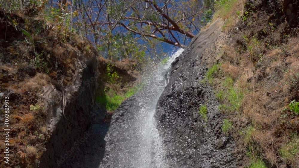 Start of a waterfall, capturing the point where the water begins to rush down from the top. The flow of water swirls and builds up just before it falls, with small drops and splashes Start of a waterfall, capturing the point where the water begins to rush down from the top. The flow of water swirls and builds up just before it falls, with small drops and splashes