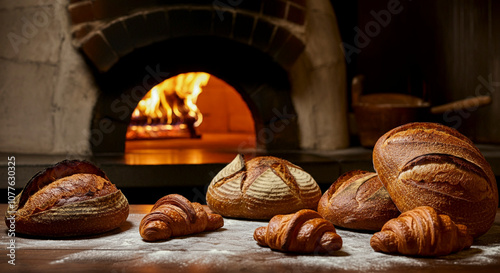 Artisan bread and croissants arranged near a warm oven