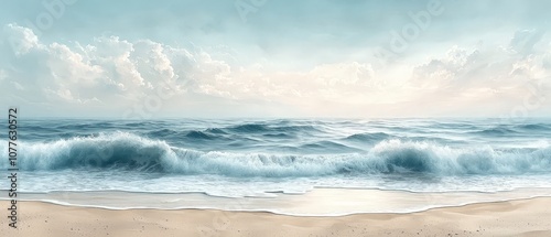 A serene ocean view with gentle waves and a sandy beach under a cloudy sky.