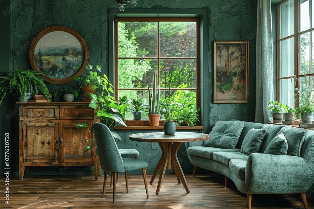 Modern dining room with round wooden table, mint green sofa and cabinet near window, Scandinavian mid-century design Modern dining room with round wooden table, mint green sofa and cabinet near window, Scandinavian mid-century design