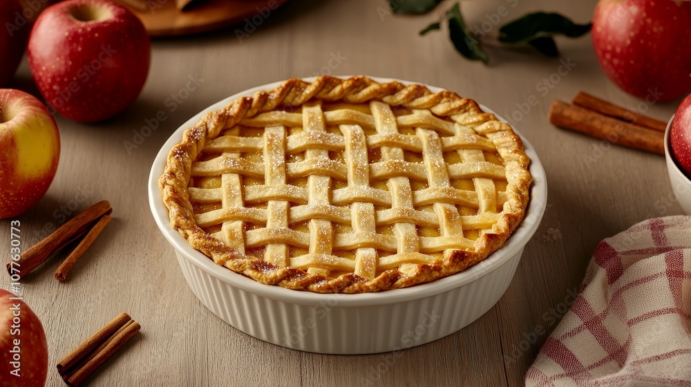 A freshly baked apple pie with a lattice crust, surrounded by apples, cinnamon sticks and a checkered napkin, on a wooden table. A freshly baked apple pie with a lattice crust, surrounded by apples, cinnamon sticks and a checkered napkin, on a wooden table.