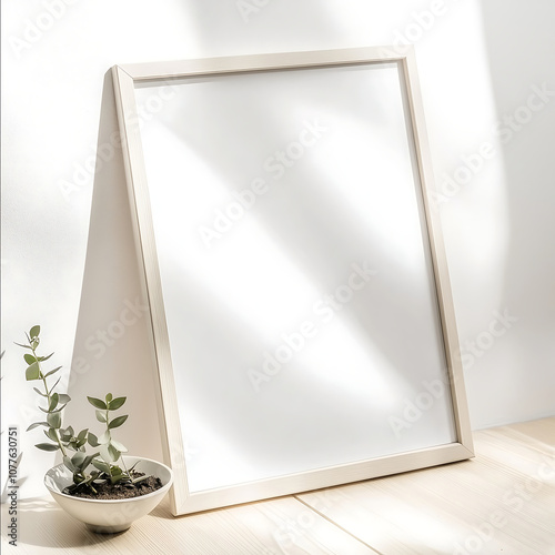 White wooden A4 frame mockup leaning against the wall on a light wood floor front view with a small bowl of plants beside it closeup shot flat lay isolated on a whit