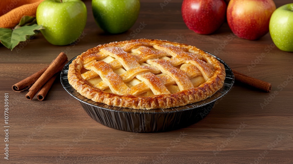 A delicious homemade apple pie with a lattice crust, surrounded by fresh apples and cinnamon sticks on a rustic wooden table. A delicious homemade apple pie with a lattice crust, surrounded by fresh apples and cinnamon sticks on a rustic wooden table.