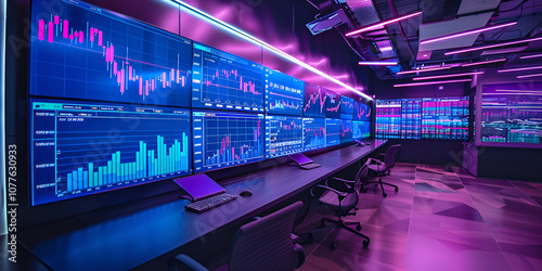 High-Tech Data Center with Big Screens Displaying Graphs in a Purple LED-Lit Room photo