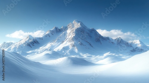 Snowy mountain landscape under a clear blue sky.