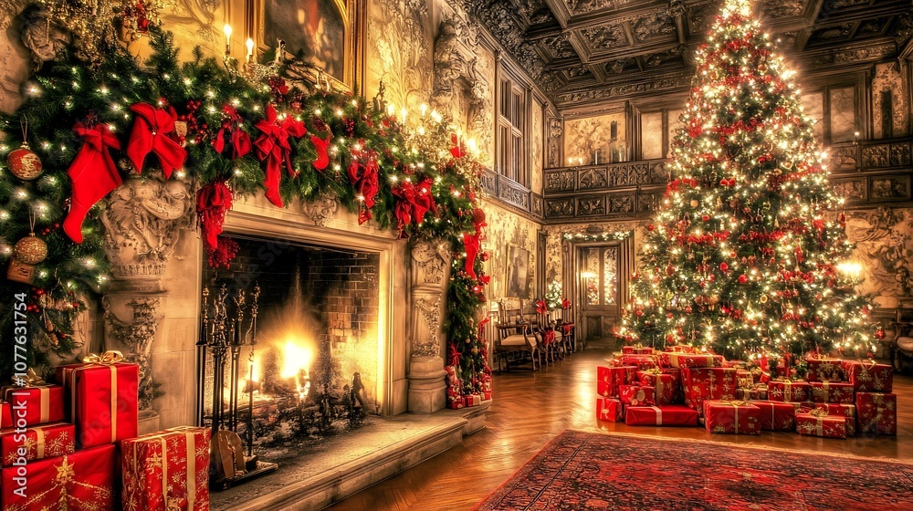A Christmas Tree, Fireplace, and Gifts in a Grand Room A Christmas Tree, Fireplace, and Gifts in a Grand Room