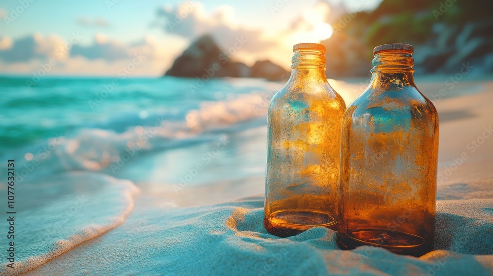 Two amber glass bottles on a white sand beach at sunset with the ocean in the background. Two amber glass bottles on a white sand beach at sunset with the ocean in the background.