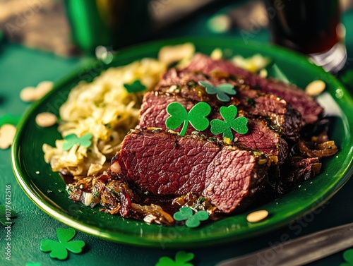 Close-up of traditional Irish corned beef and cabbage garnished with green shamrock decorations, celebrating St. Patrick Day on a green plate.