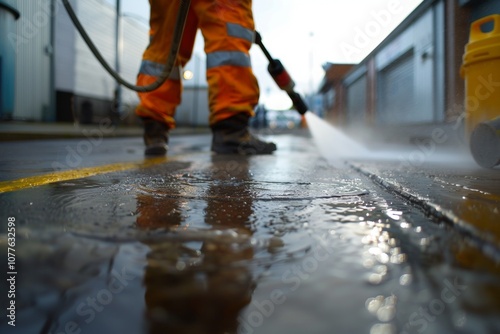 Industrial Worker Using Pressure Washing Equipment for Outdoor Cleaning and Maintenance in Urban Environment