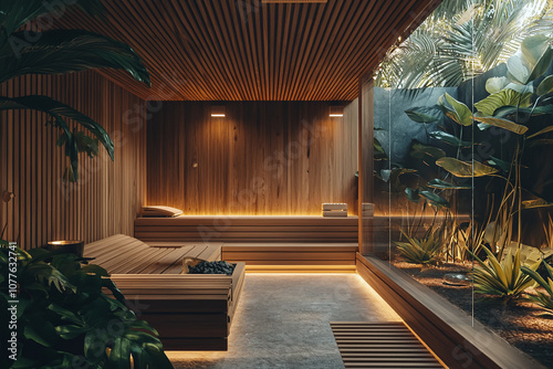 a peaceful sauna room with soft lighting and wooden interiors. photo