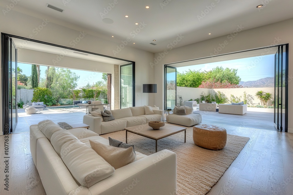 minimalist modern very large living room, pocket door to go to a beautiful landscape backyard ,generative ai minimalist modern very large living room, pocket door to go to a beautiful landscape backyard ,generative ai