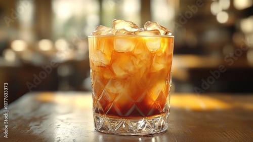 A refreshing drink with ice in a crystal glass on a wooden table.