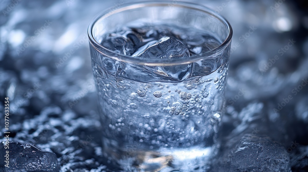 A glass of ice water with condensation on the glass. A glass of ice water with condensation on the glass.
