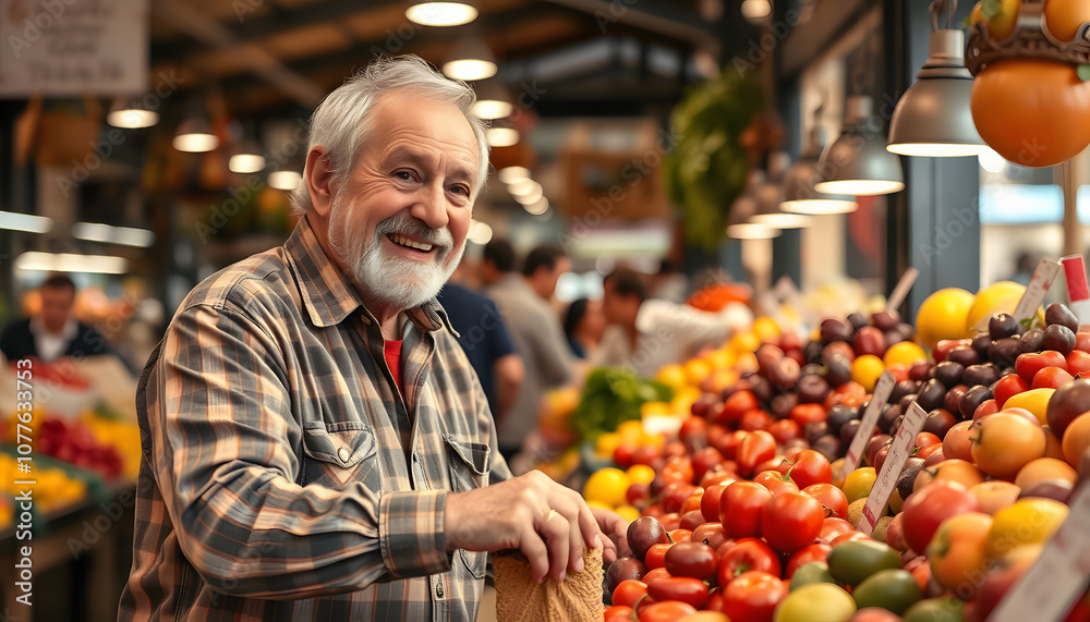 Happy senior man buying fresh fruits at the market - Shopping food concept isolated with white highlights, png Happy senior man buying fresh fruits at the market - Shopping food concept isolated with white highlights, png