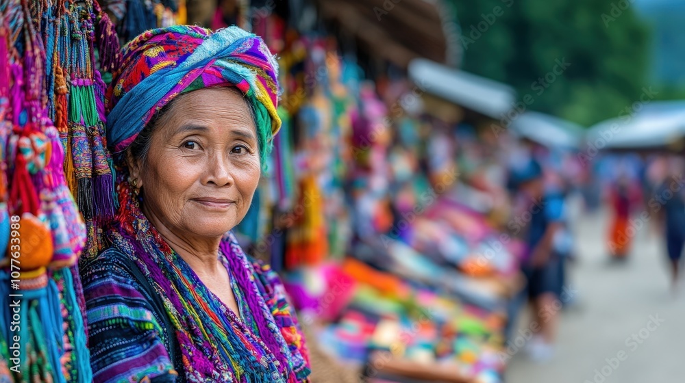 Fototapeta premium A middle-aged woman in vibrant traditional clothing stands at a busy outdoor market, showcasing a variety of colorful handmade textiles and cultural crafts for sale.