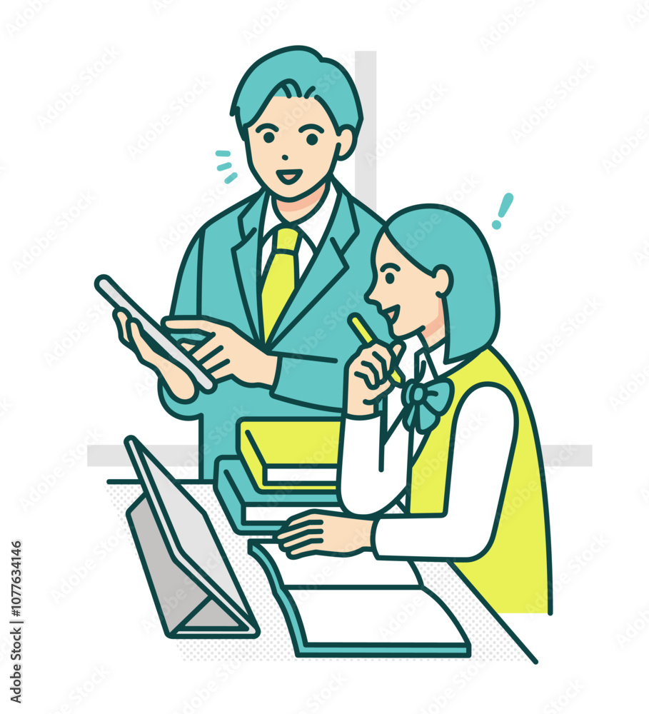 先生と学生服を着た生徒。学校でタブレット使用し勉強を教わるイラスト。 先生と学生服を着た生徒。学校でタブレット使用し勉強を教わるイラスト。