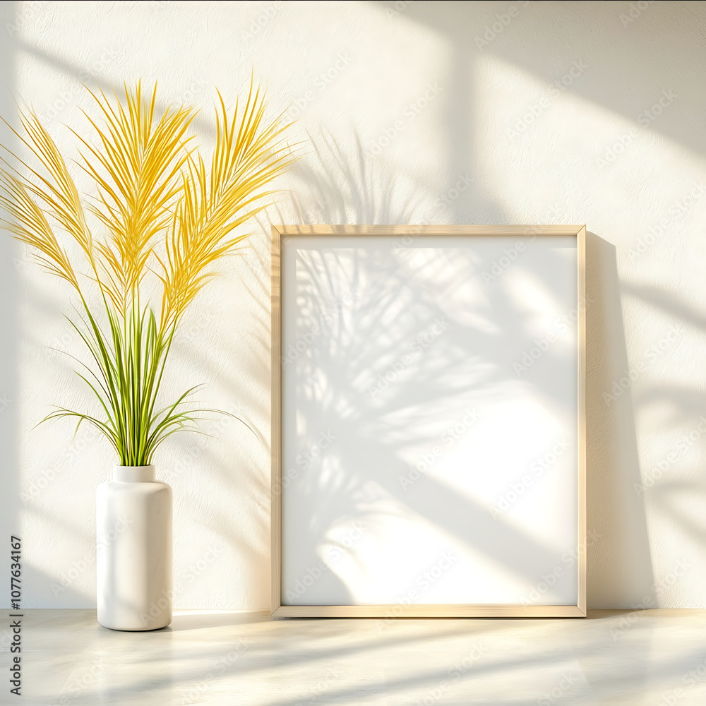 a small square blank frame placed on floor mockup product image realistic homely musuem