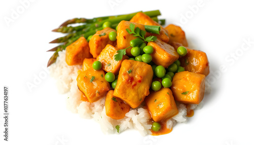 Thai Curried TVP Pieces with Asparagus and Peas isolated with white highlights, png