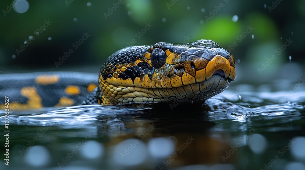 A close-up of a snake swimming in water with droplets around it.