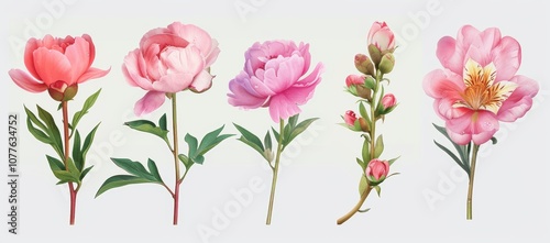 Wallpaper Mural Pink Peony and Freesia Illustration - Minimalistic Pastel Drawing Torontodigital.ca