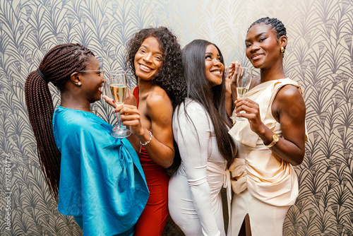 Group of friends celebrating with champagne glasses photo